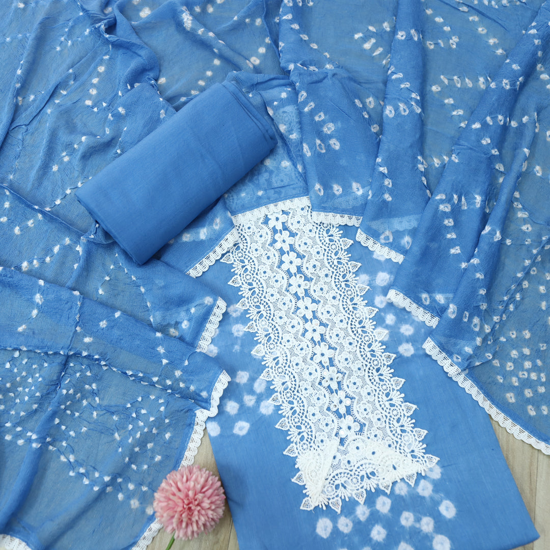 Leher Sapphire Blue Lace Neck Patch in Bandhej Work Cotton Suit Set