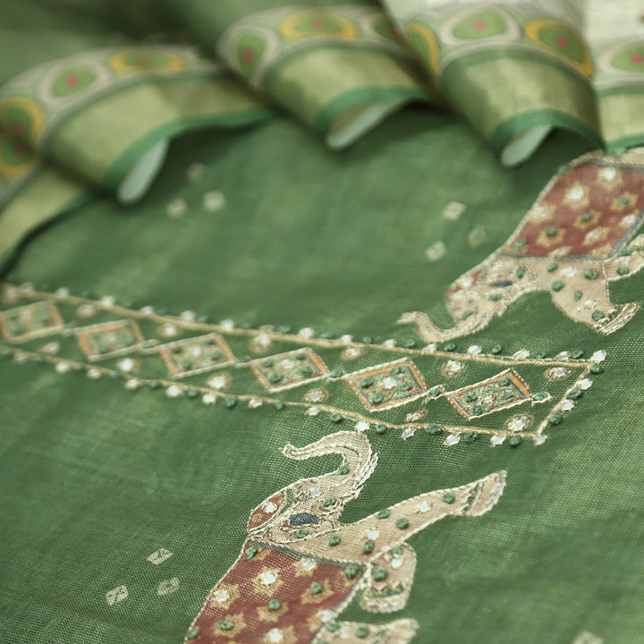Bareli Pine Green Patra with Knot Patch Elephant Print Hem Shimmer Tissue Linen Set
