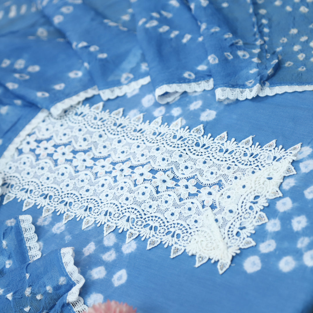 Leher Sapphire Blue Lace Neck Patch in Bandhej Work Cotton Suit Set