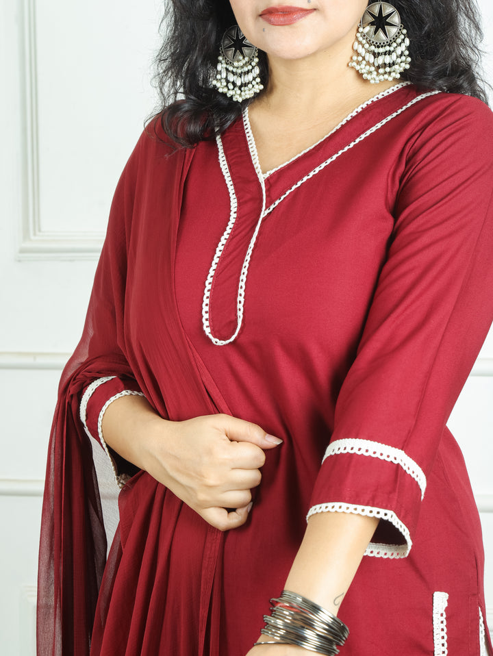 Ahana Maroon Wine Lace Work Farsi Cotton 3 Piece Set