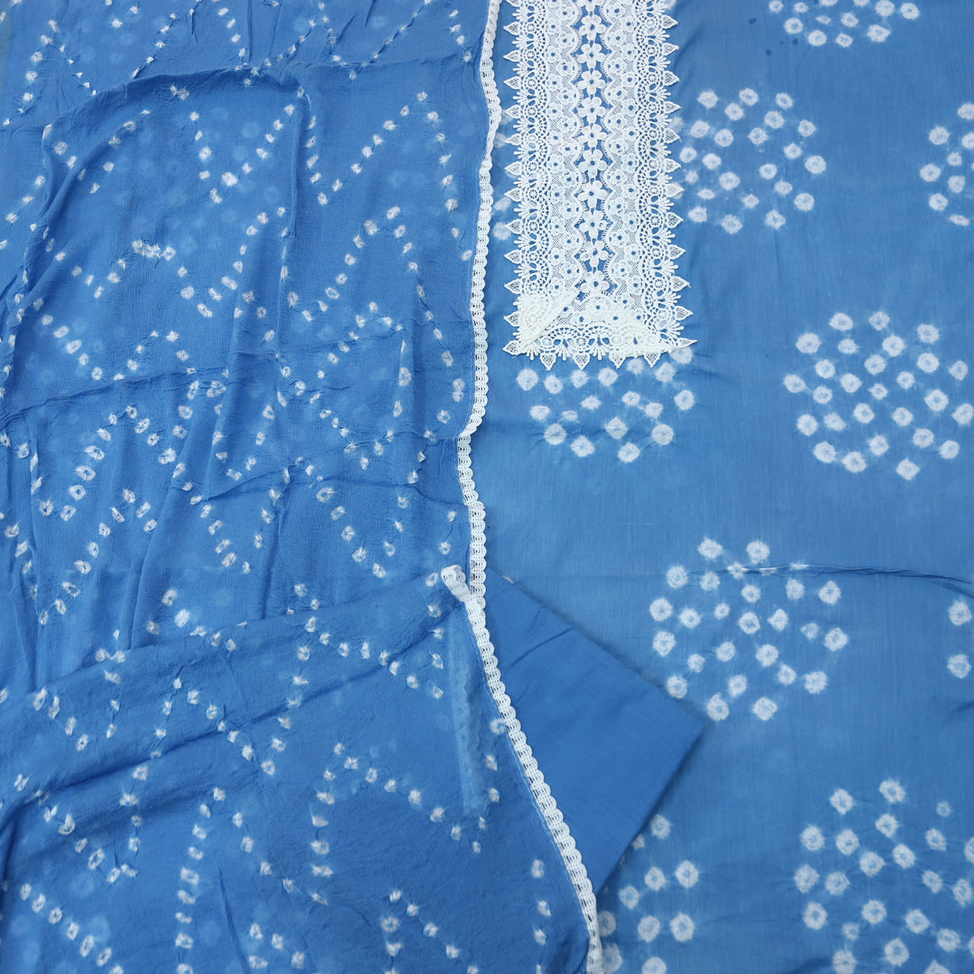 Leher Sapphire Blue Lace Neck Patch in Bandhej Work Cotton Suit Set