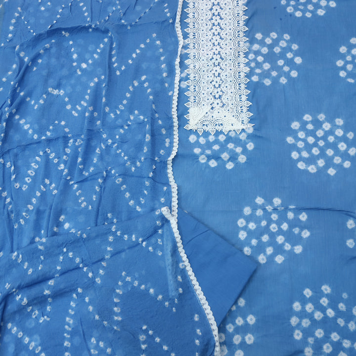 Leher Sapphire Blue Lace Neck Patch in Bandhej Work Cotton Suit Set