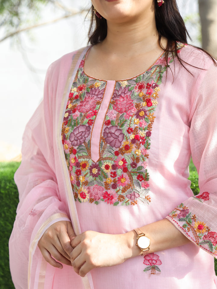 Jane Candy Pink Kolkata Hand Embroidery Kota Doriya Set