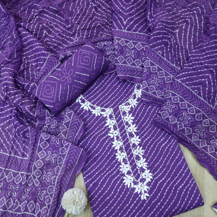 Leher Orchid Purple Moti Neck work Leheriya Printed Cotton Suit Set D2