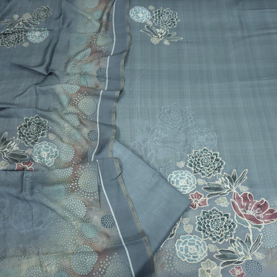 वैष्णवी Shadow Grey Chain Style Zari Digital Floral Print Semi Pashmina Winter Set