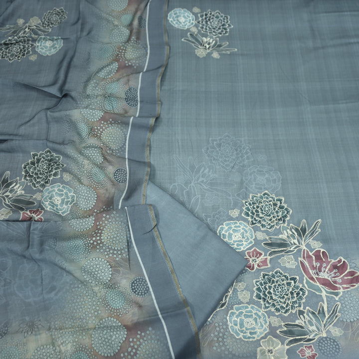 वैष्णवी Shadow Grey Chain Style Zari Digital Floral Print Semi Pashmina Winter Set