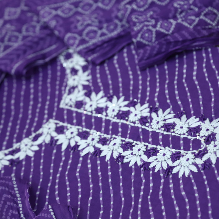 Leher Orchid Purple Moti Neck work Leheriya Printed Cotton Suit Set D2