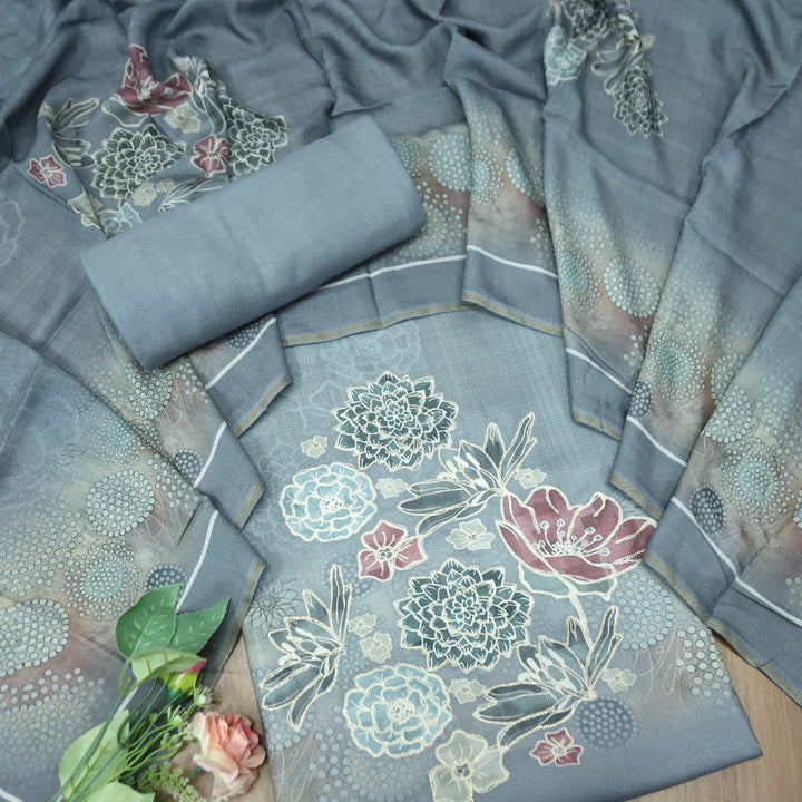 वैष्णवी Shadow Grey Chain Style Zari Digital Floral Print Semi Pashmina Winter Set