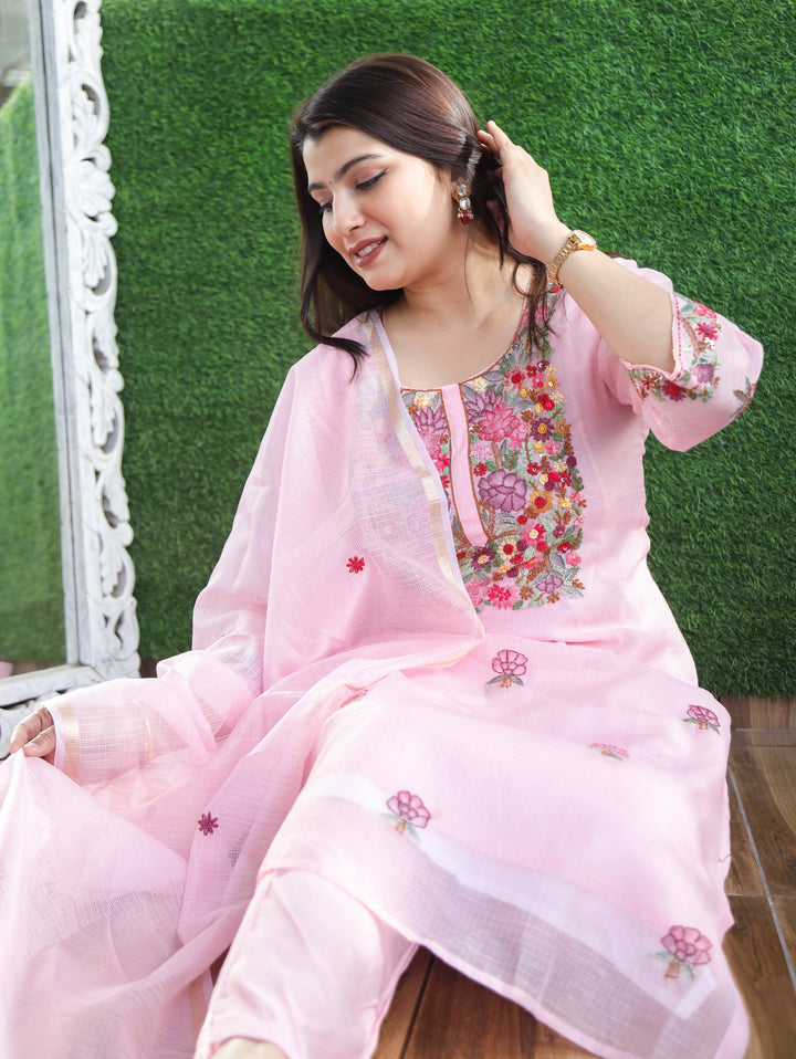 Jane Candy Pink Kolkata Hand Embroidery Kota Doriya Set