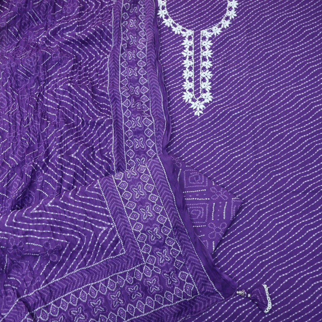 Leher Orchid Purple Moti Neck work Leheriya Printed Cotton Suit Set D2