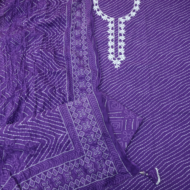 Leher Orchid Purple Moti Neck work Leheriya Printed Cotton Suit Set D2