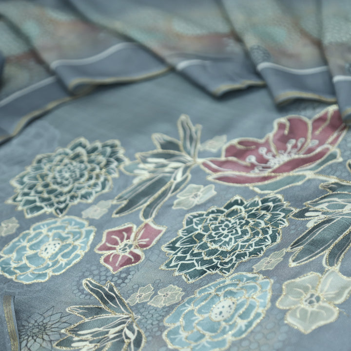 वैष्णवी Shadow Grey Chain Style Zari Digital Floral Print Semi Pashmina Winter Set