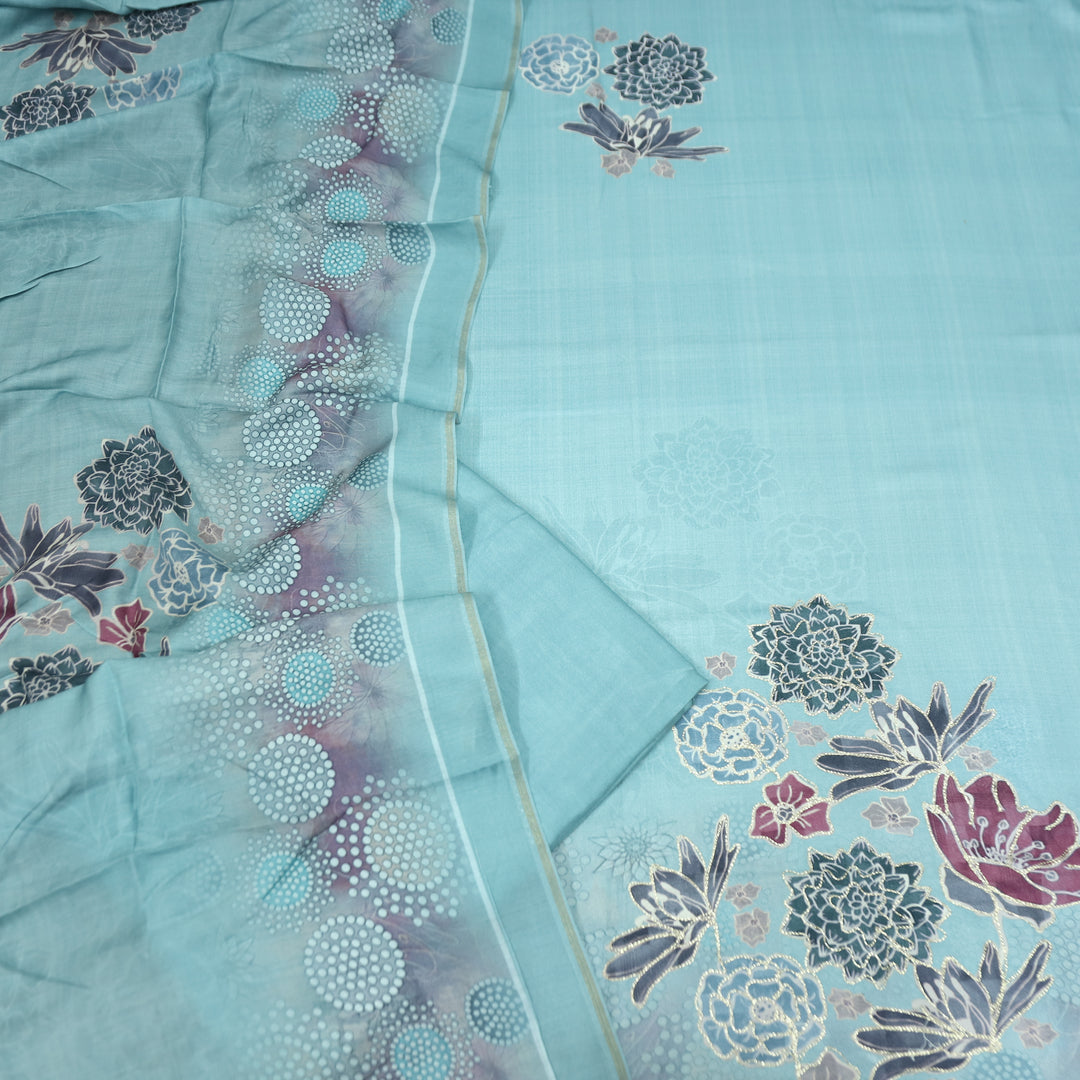वैष्णवी Ocean Aqua Chain Style Zari Digital Floral Print Semi Pashmina Winter Set