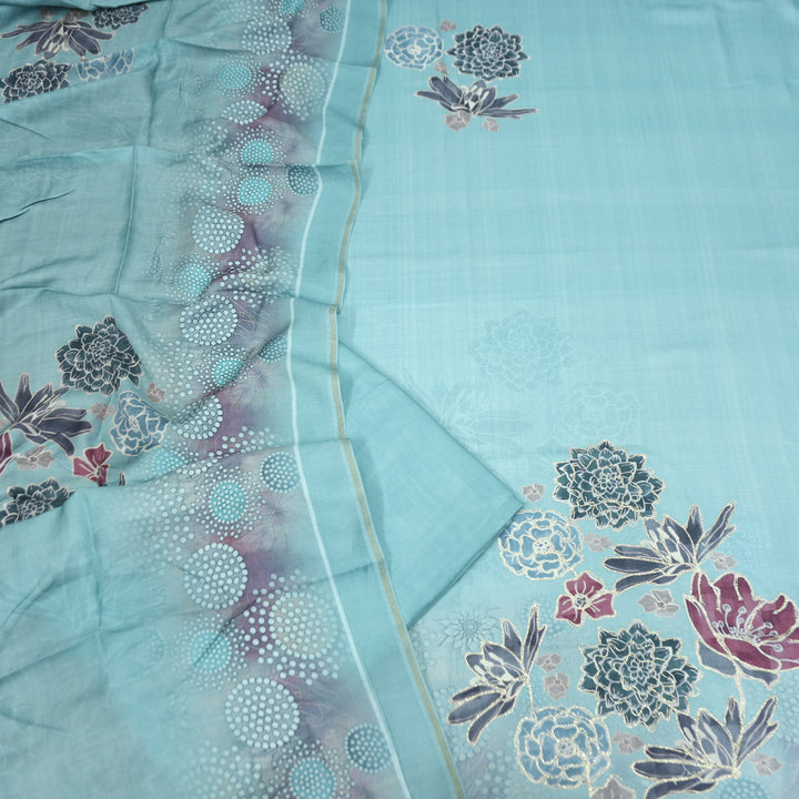 वैष्णवी Ocean Aqua Chain Style Zari Digital Floral Print Semi Pashmina Winter Set