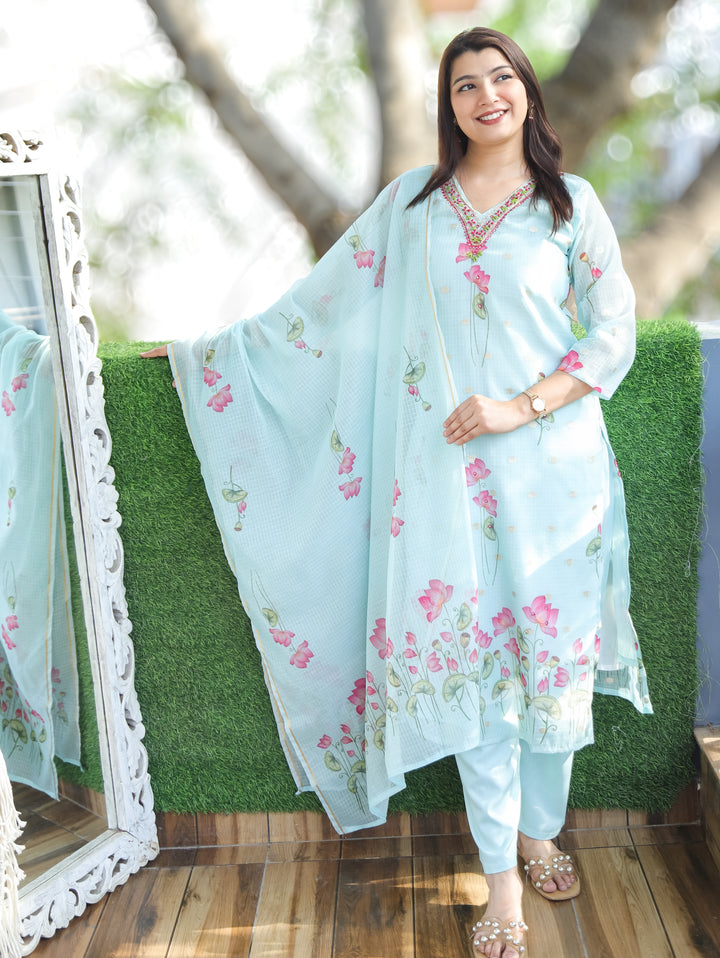 Jhanvi Blue Pichwai Print Kota Doriya 3 Piece Set