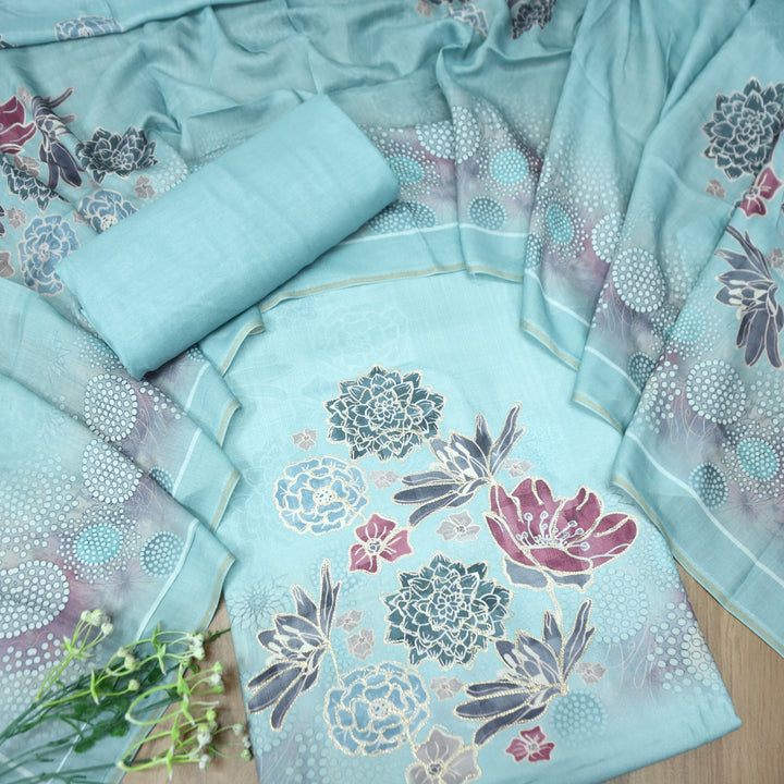 वैष्णवी Ocean Aqua Chain Style Zari Digital Floral Print Semi Pashmina Winter Set