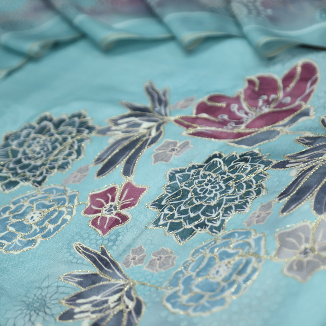 वैष्णवी Ocean Aqua Chain Style Zari Digital Floral Print Semi Pashmina Winter Set