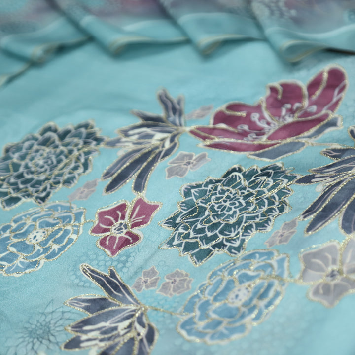 वैष्णवी Ocean Aqua Chain Style Zari Digital Floral Print Semi Pashmina Winter Set