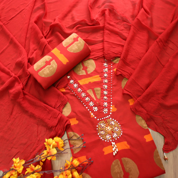 Bilori Bride Red Embellish Neck with Digital Printed Cotton Set