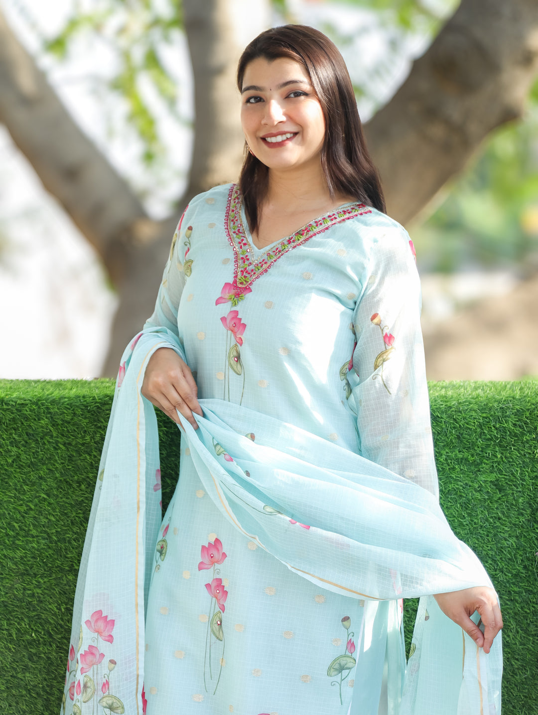 Jhanvi Blue Pichwai Print Kota Doriya 3 Piece Set