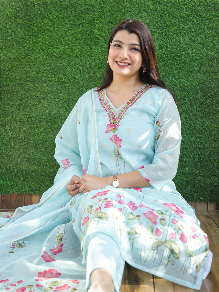 Jhanvi Blue Pichwai Print Kota Doriya 3 Piece Set
