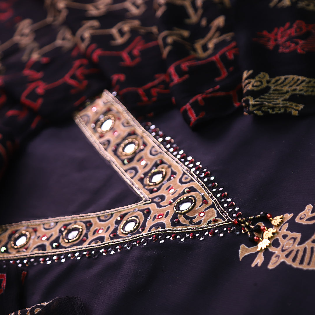 Barista Ebony Black V Neck Mirror and Kardana Work Print Cotton Suit Set