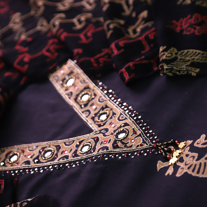 Barista Ebony Black V Neck Mirror and Kardana Work Print Cotton Suit Set