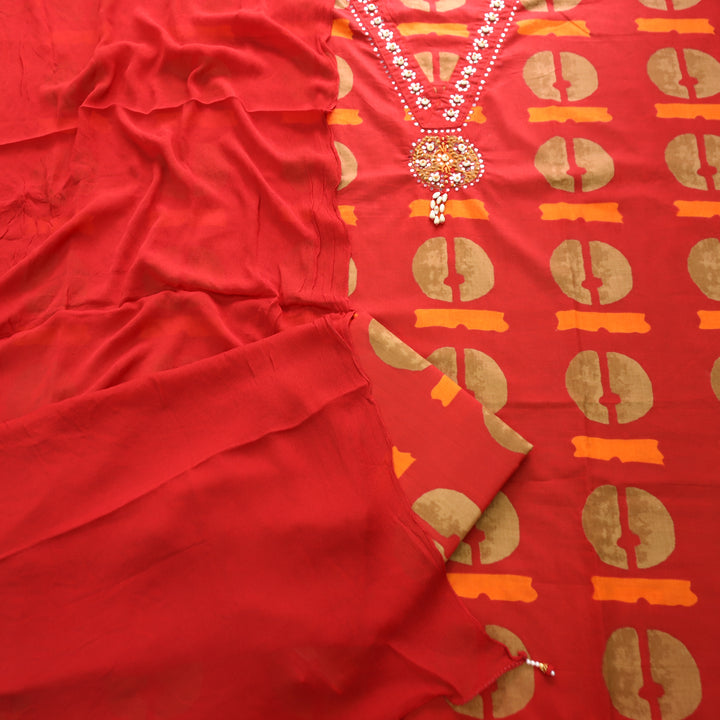 Bilori Bride Red Embellish Neck with Digital Printed Cotton Set