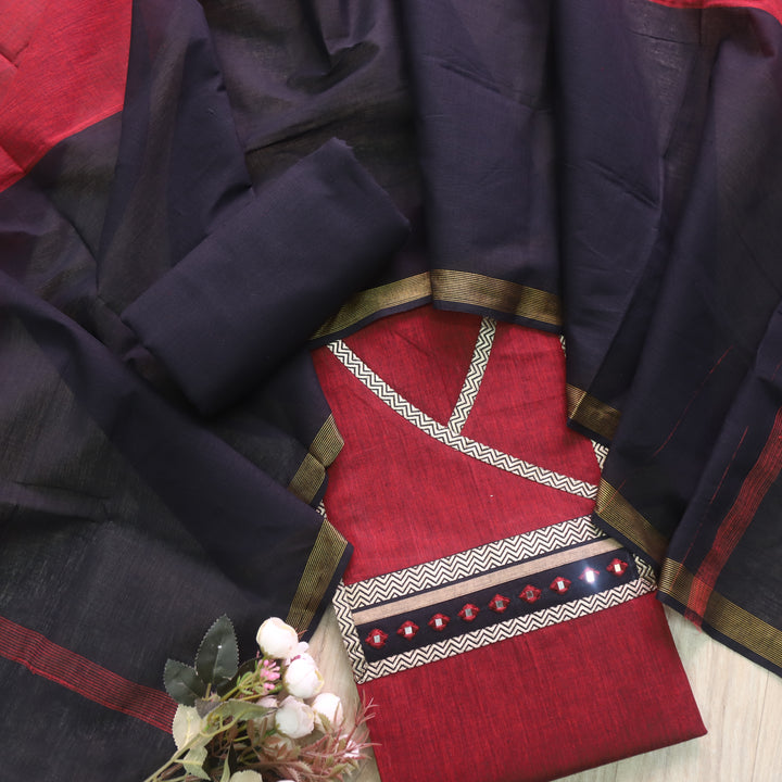 Sanskruti Ruby Red Angrakha Style South Cotton Mangalgiri Hem Suit Set
