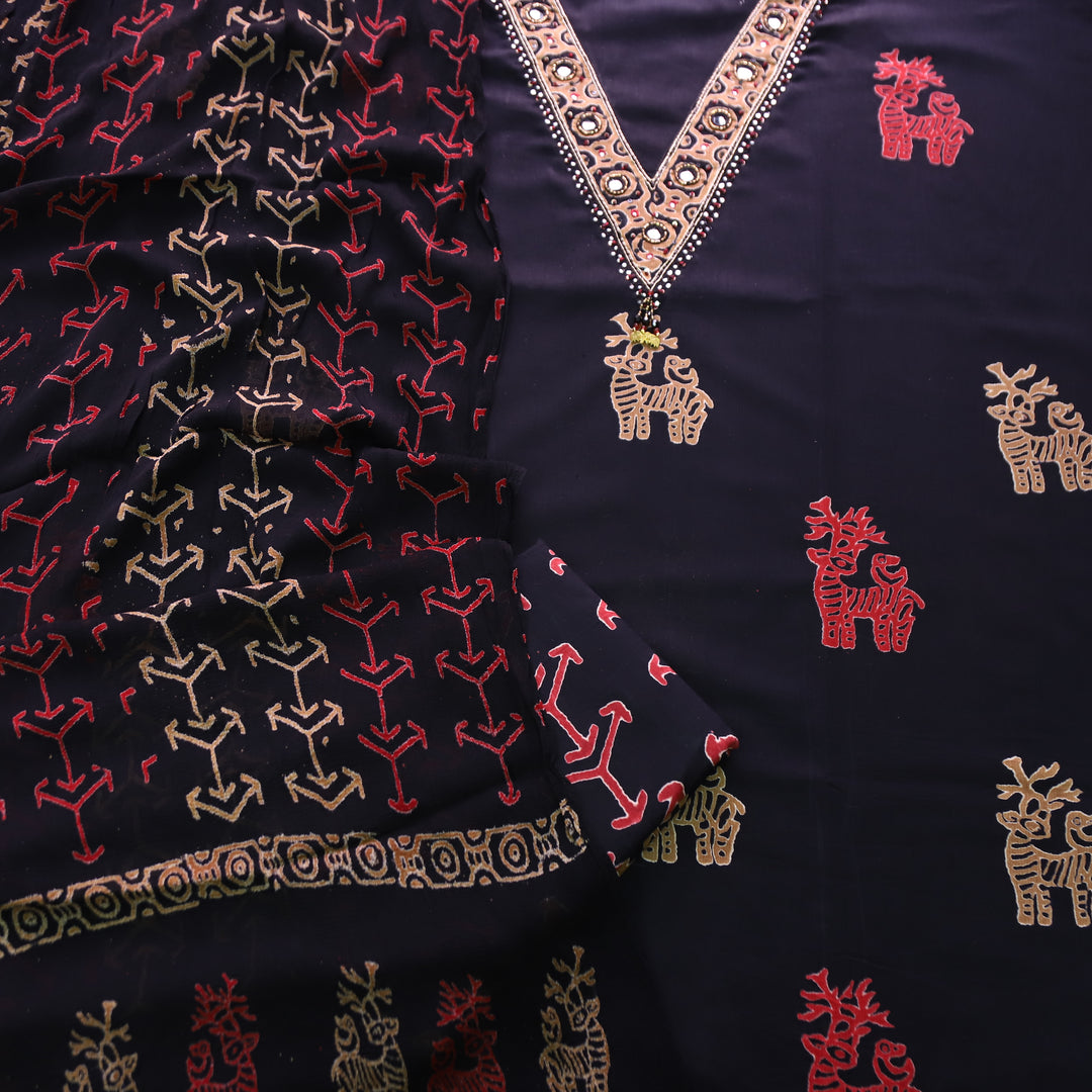 Barista Ebony Black V Neck Mirror and Kardana Work Print Cotton Suit Set