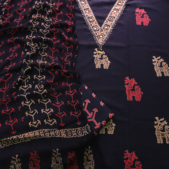 Barista Ebony Black V Neck Mirror and Kardana Work Print Cotton Suit Set