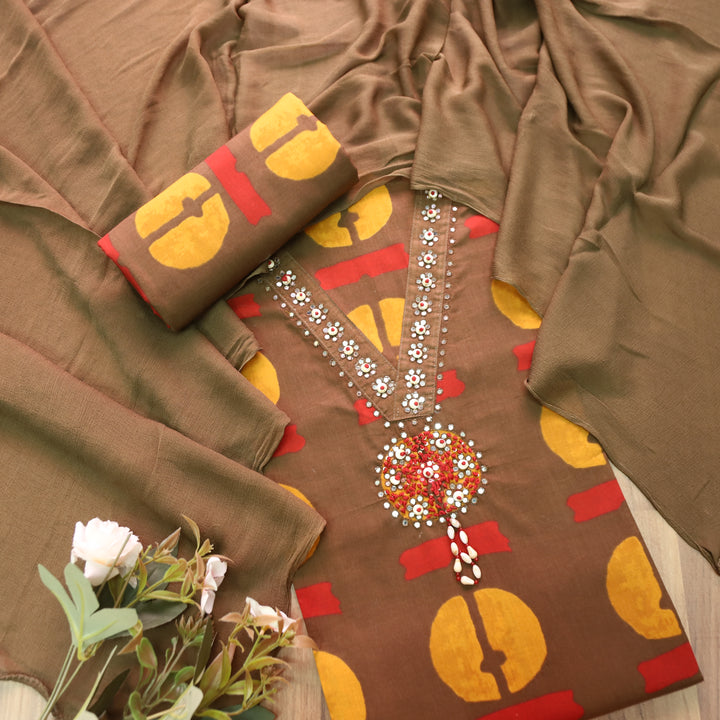 Bilori Khaki Brown Embellish Neck with Digital Printed Cotton Set