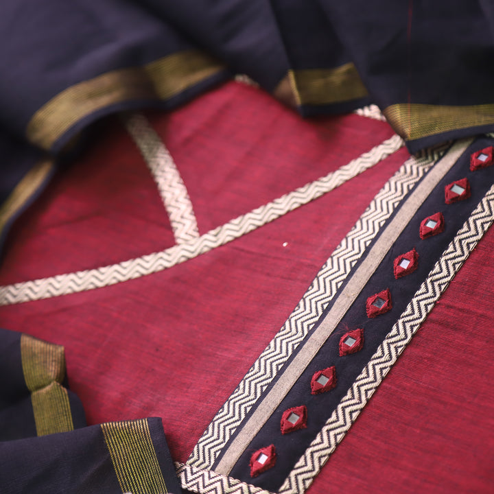 Sanskruti Ruby Red Angrakha Style South Cotton Mangalgiri Hem Suit Set