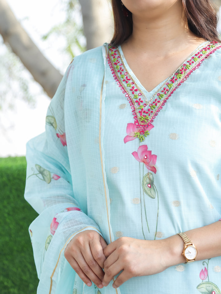 Jhanvi Blue Pichwai Print Kota Doriya 3 Piece Set