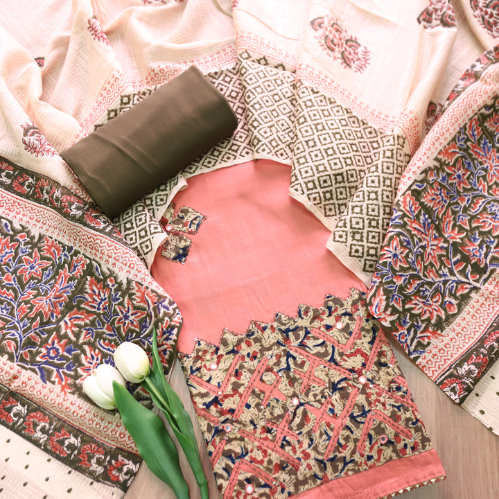 Saloni California Pink All Over Kalamkari Applique Work Hem Jam Satin Cotton Set