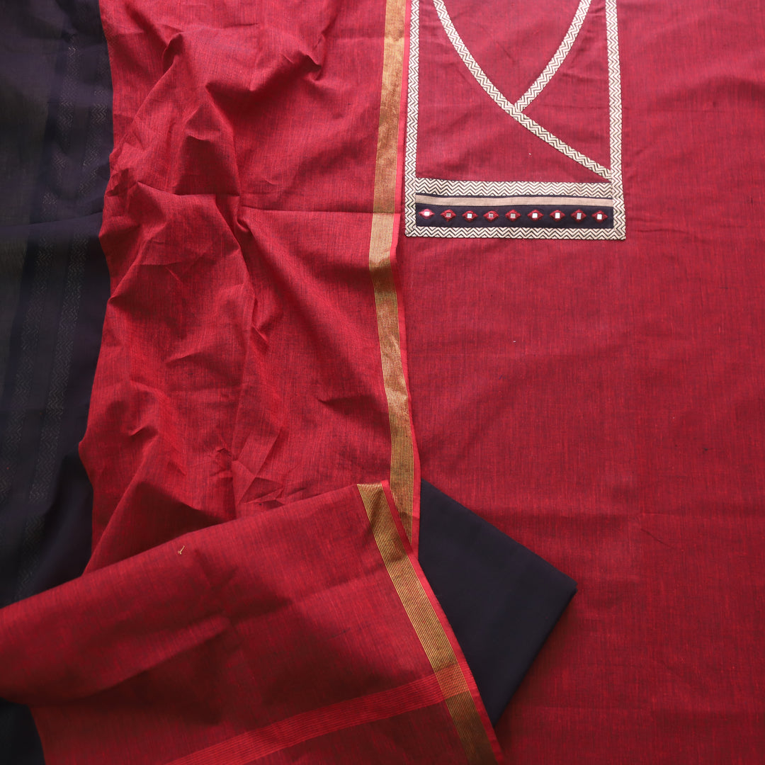 Sanskruti Ruby Red Angrakha Style South Cotton Mangalgiri Hem Suit Set