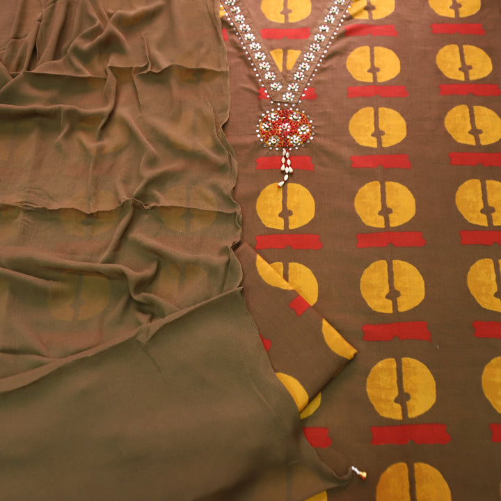 Bilori Khaki Brown Embellish Neck with Digital Printed Cotton Set