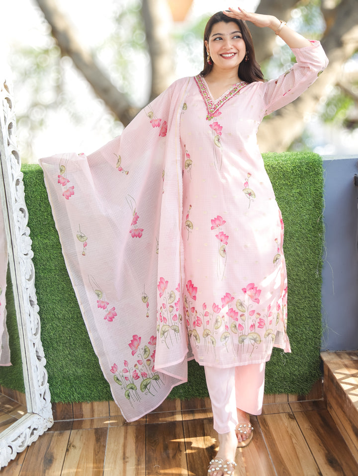 Jhanvi Pink Pichwai Print Kota Doriya 3 Piece Set