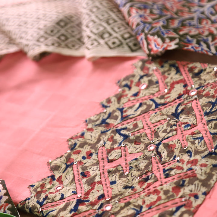 Saloni California Pink All Over Kalamkari Applique Work Hem Jam Satin Cotton Set