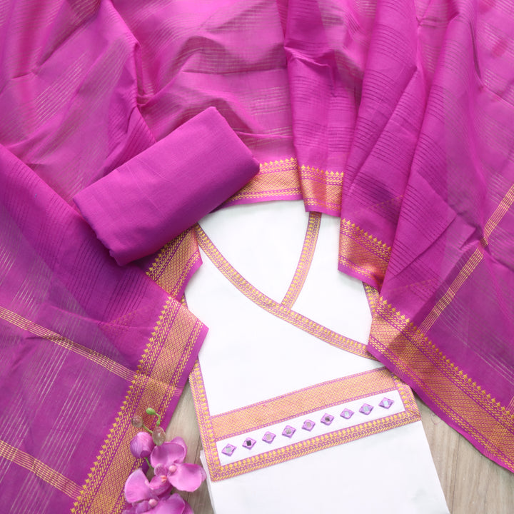 Sanskruti Pearl White Angrakha Style South Cotton Mangalgiri Hem Suit Set