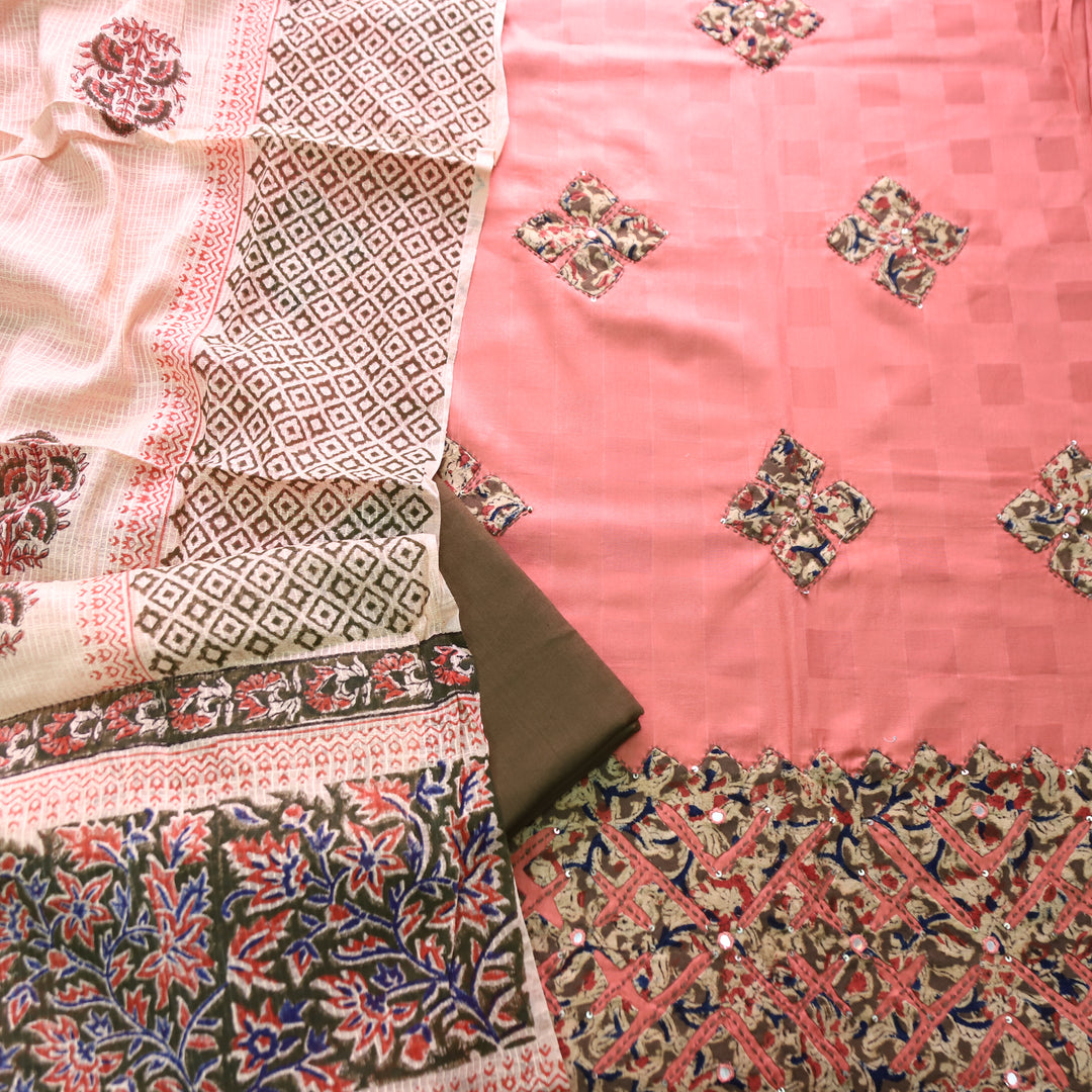 Saloni California Pink All Over Kalamkari Applique Work Hem Jam Satin Cotton Set