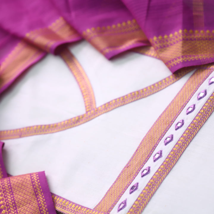 Sanskruti Pearl White Angrakha Style South Cotton Mangalgiri Hem Suit Set