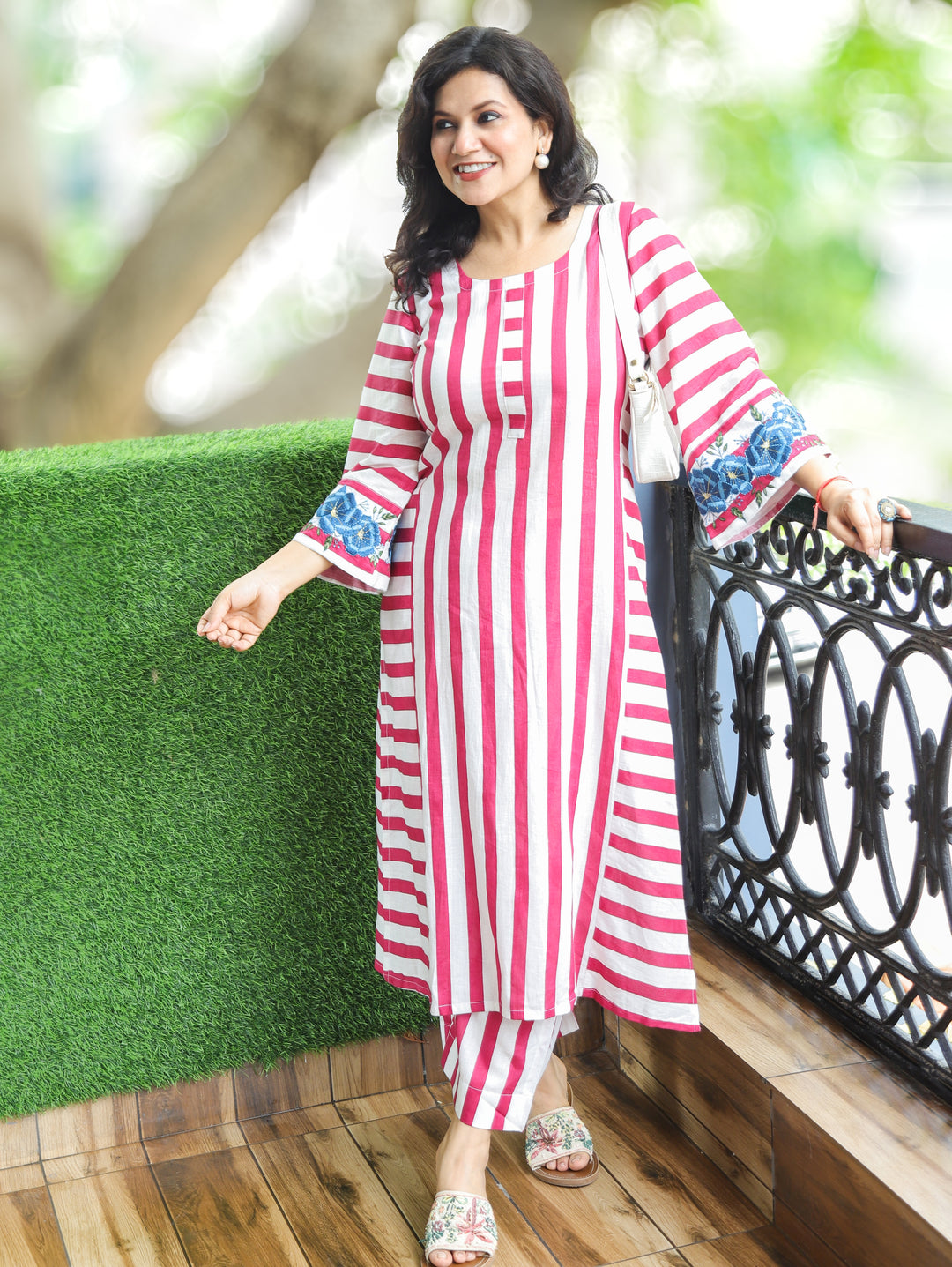 Anjani White Mauve Stripe Print Panel 2 Piece Set