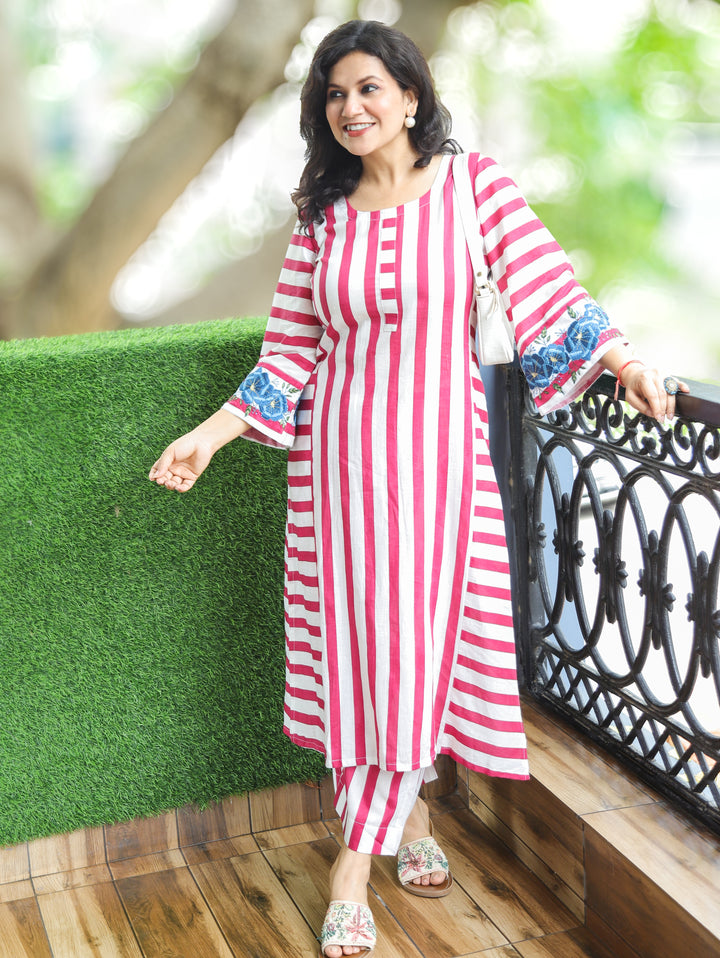 Anjani White Mauve Stripe Print Panel 2 Piece Set