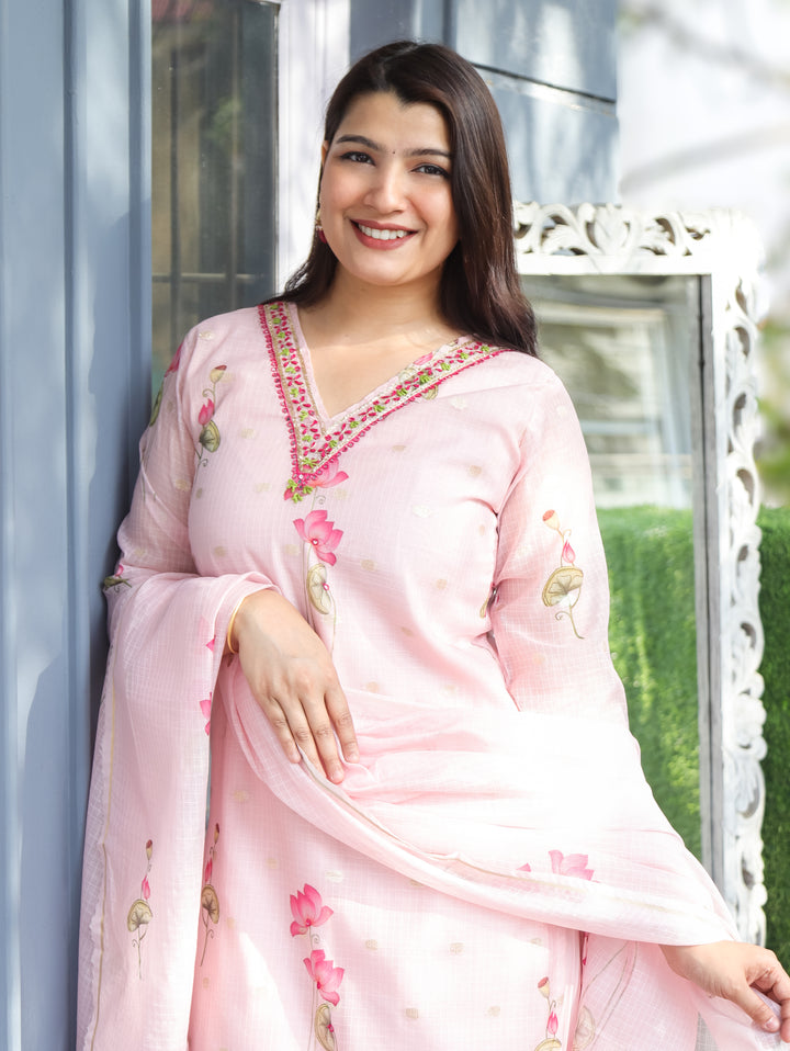 Jhanvi Pink Pichwai Print Kota Doriya 3 Piece Set