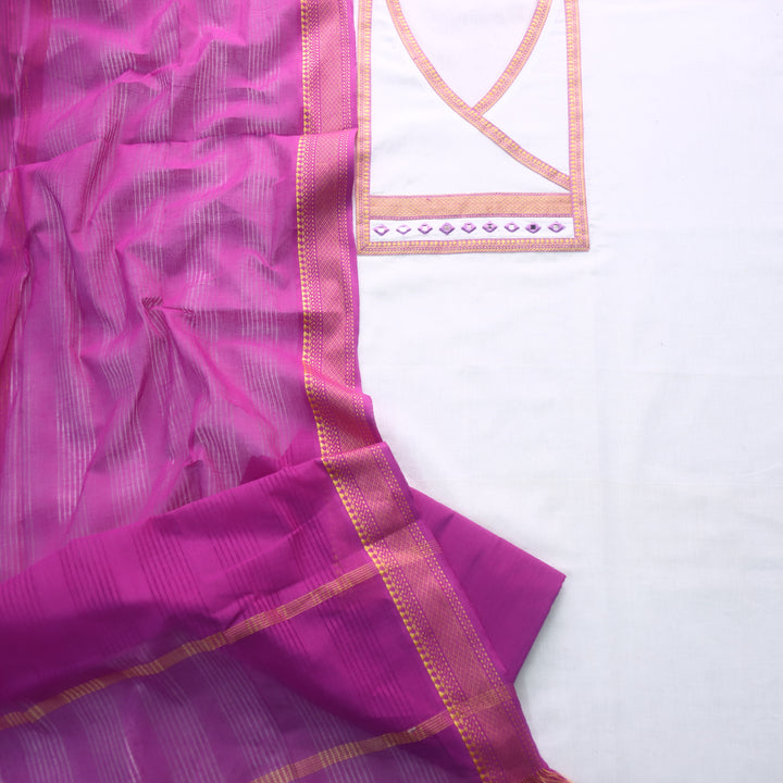 Sanskruti Pearl White Angrakha Style South Cotton Mangalgiri Hem Suit Set