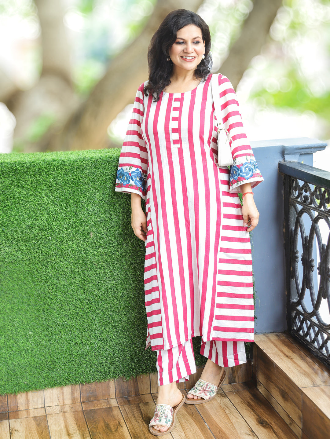 Anjani White Mauve Stripe Print Panel 2 Piece Set