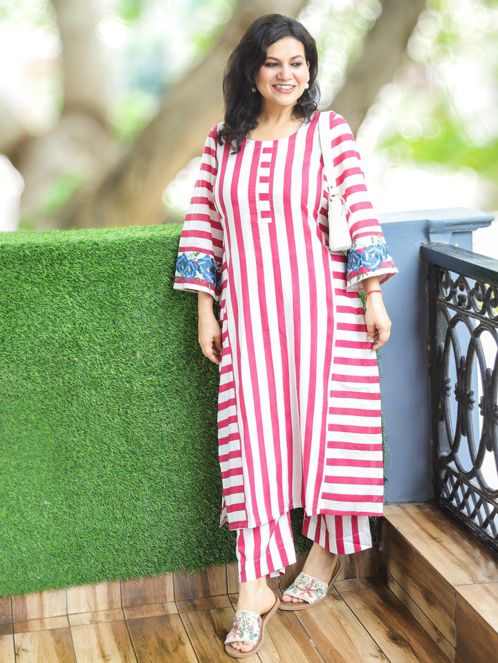 Anjani White Mauve Stripe Print Panel 2 Piece Set