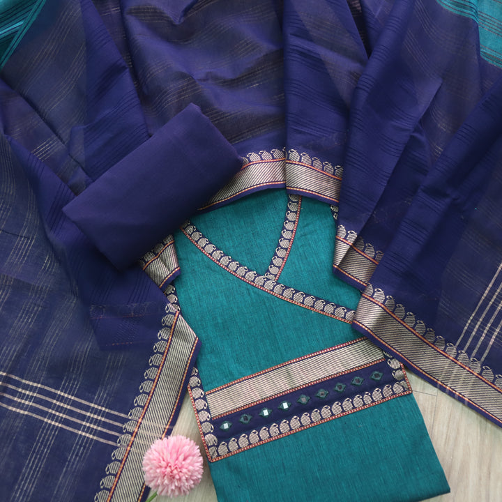 Sanskruti Turkish Teal Angrakha Style South Cotton Mangalgiri Hem Suit Set