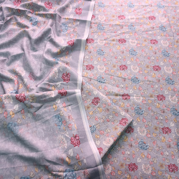 मानुषी Sky Grey Self Print with Floral Print Details Semi Pashmina Winter Set